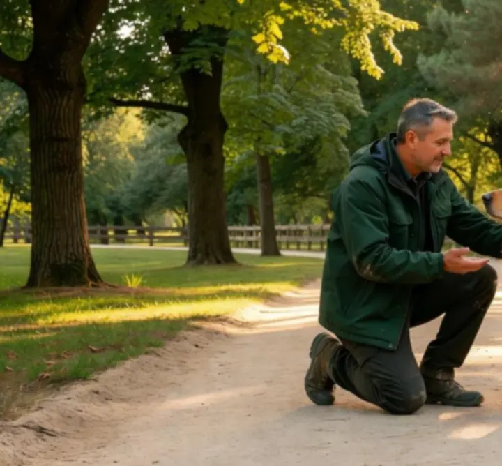 Trener pracujący z psem w parku