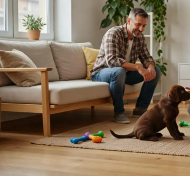 Katarzyna Wiśniewska podczas domowej sesji z szczeniakiem