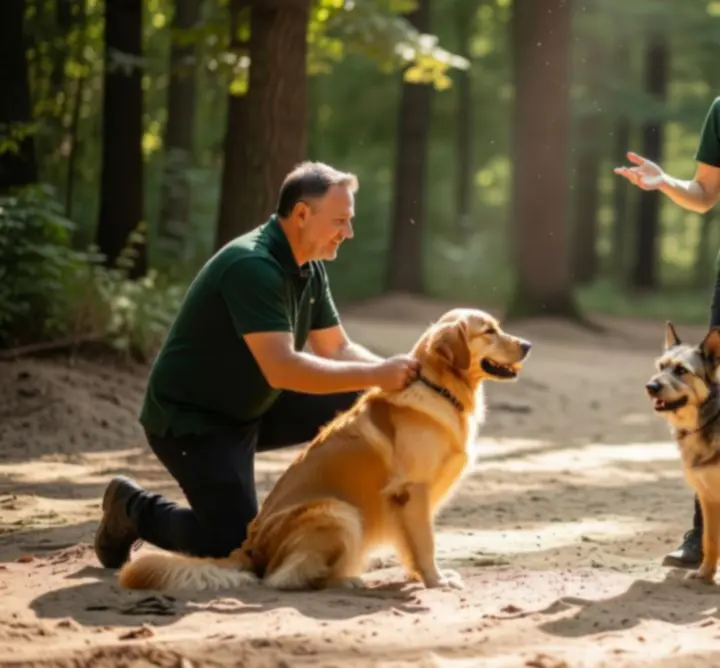 Sesja szkoleniowa zespołu Pawlorexa w lesie z uczestniczącymi psami
